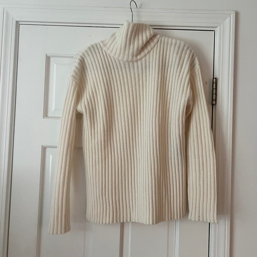 Theory Cream Ribbed Turtleneck Sweater